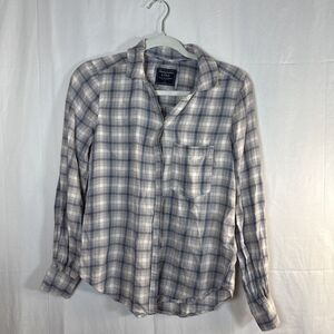Abercrombie & Fitch Tan & Blue Plaid Button Up Shirt Women’s Size SMALL Preowned